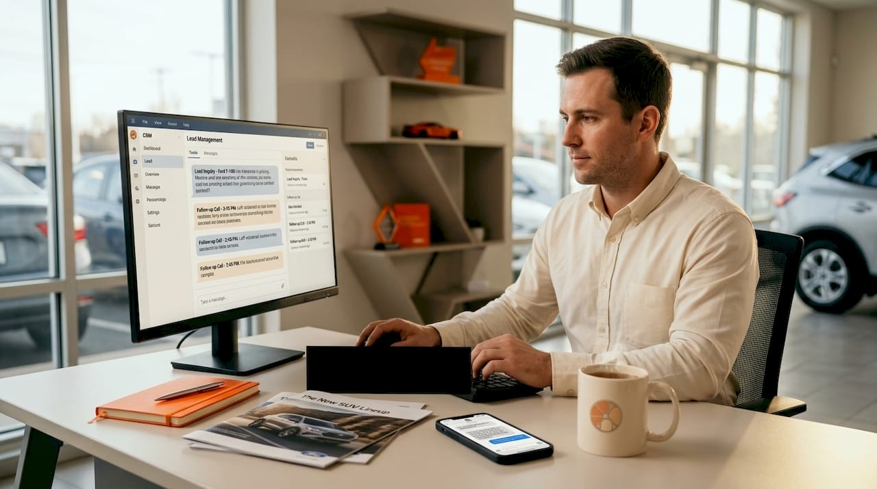 Salesperson managing vehicle lead texts