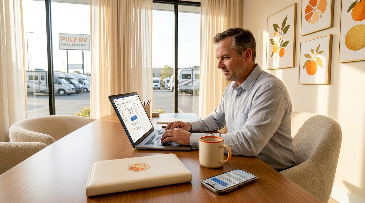 RV dealer responding to customer messages at desk