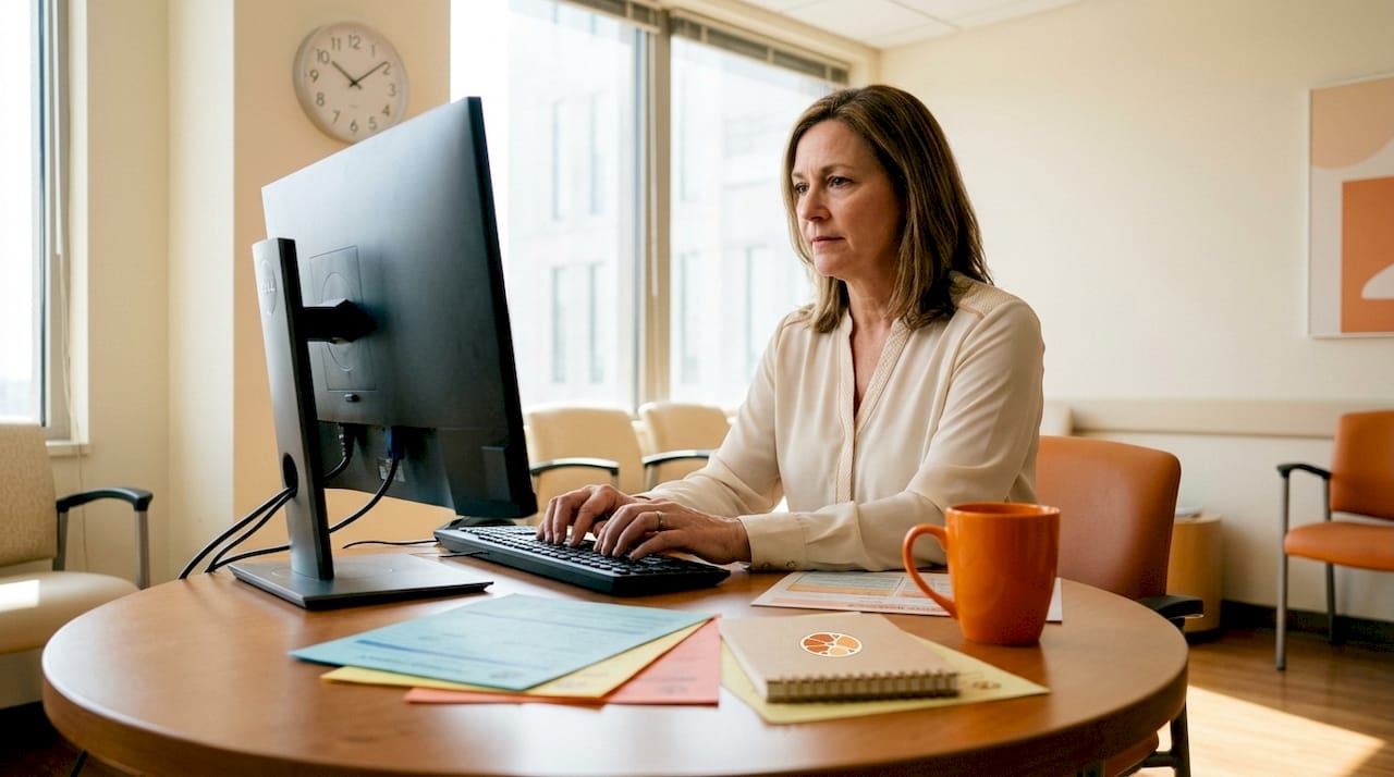 Healthcare coordinator typing patient inquiries