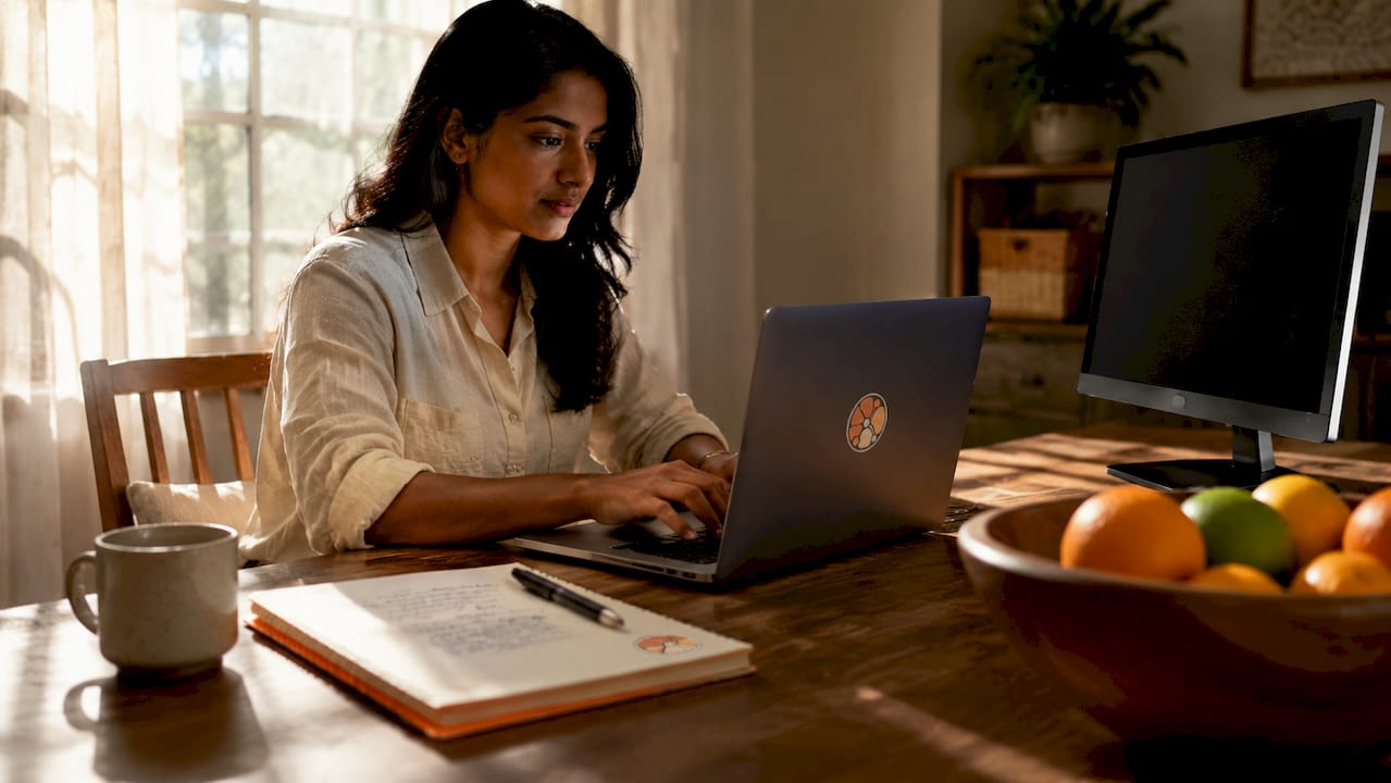 Woman typing at desk with laptop in modern office