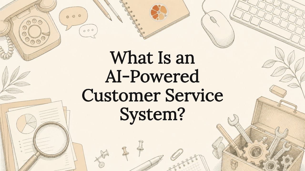 Decorative hand-drawn title card illustration for AI customer service article