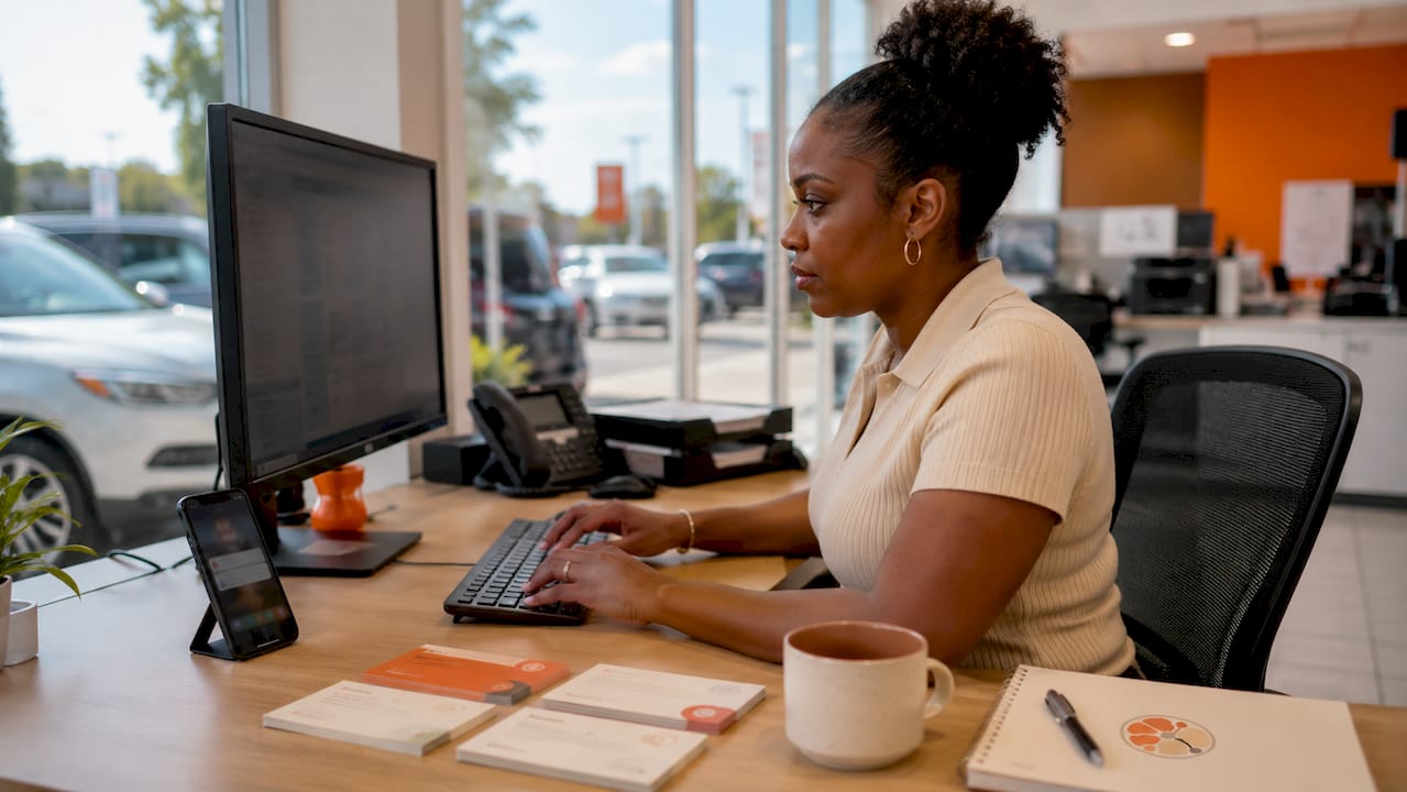 Person working on CRM system in dealership office