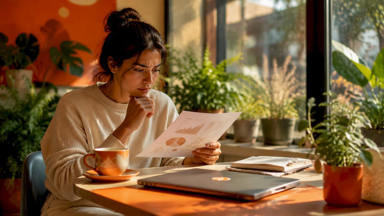 Analyst reviewing report in office