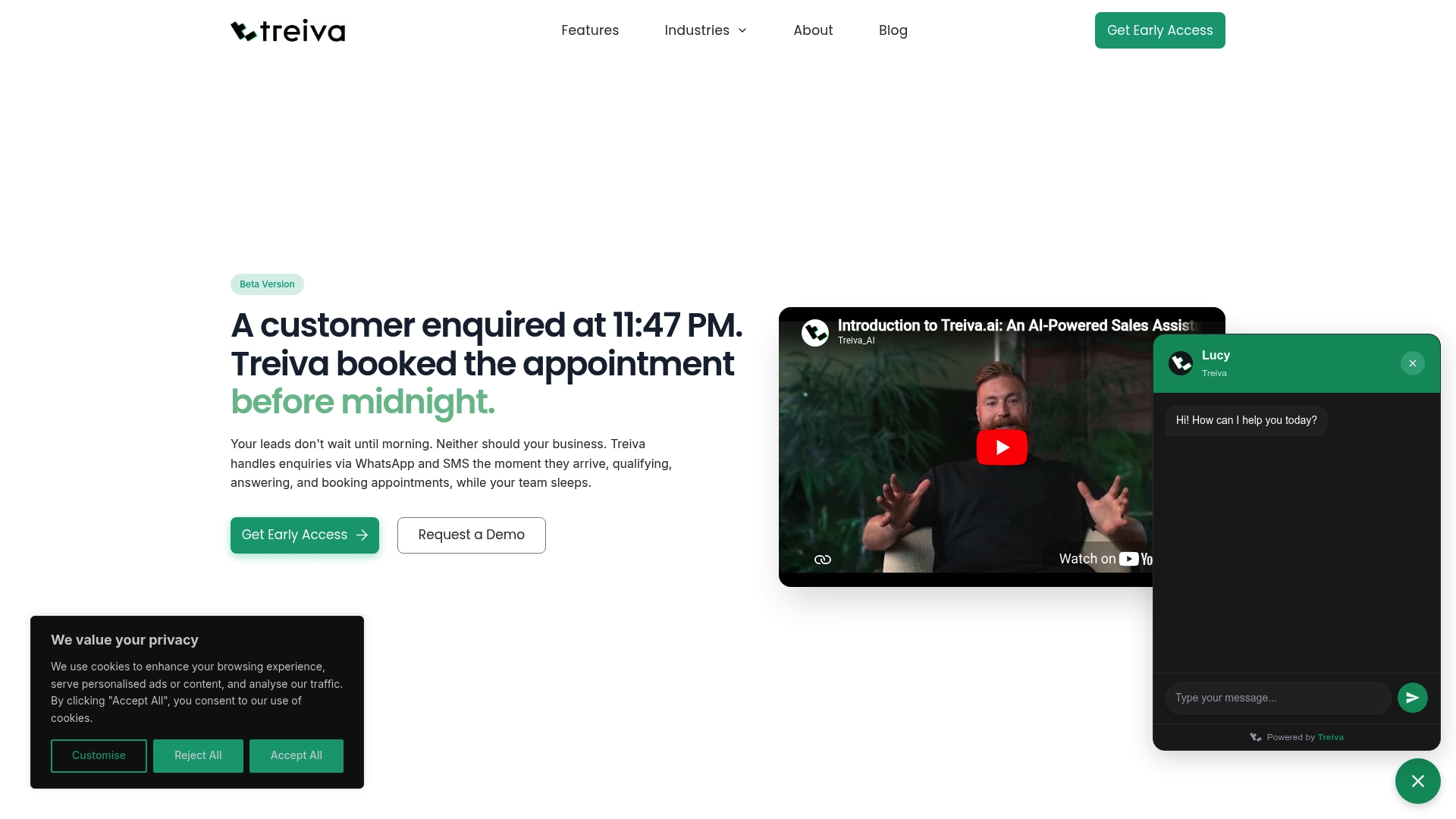 Screenshot of the treiva.com website