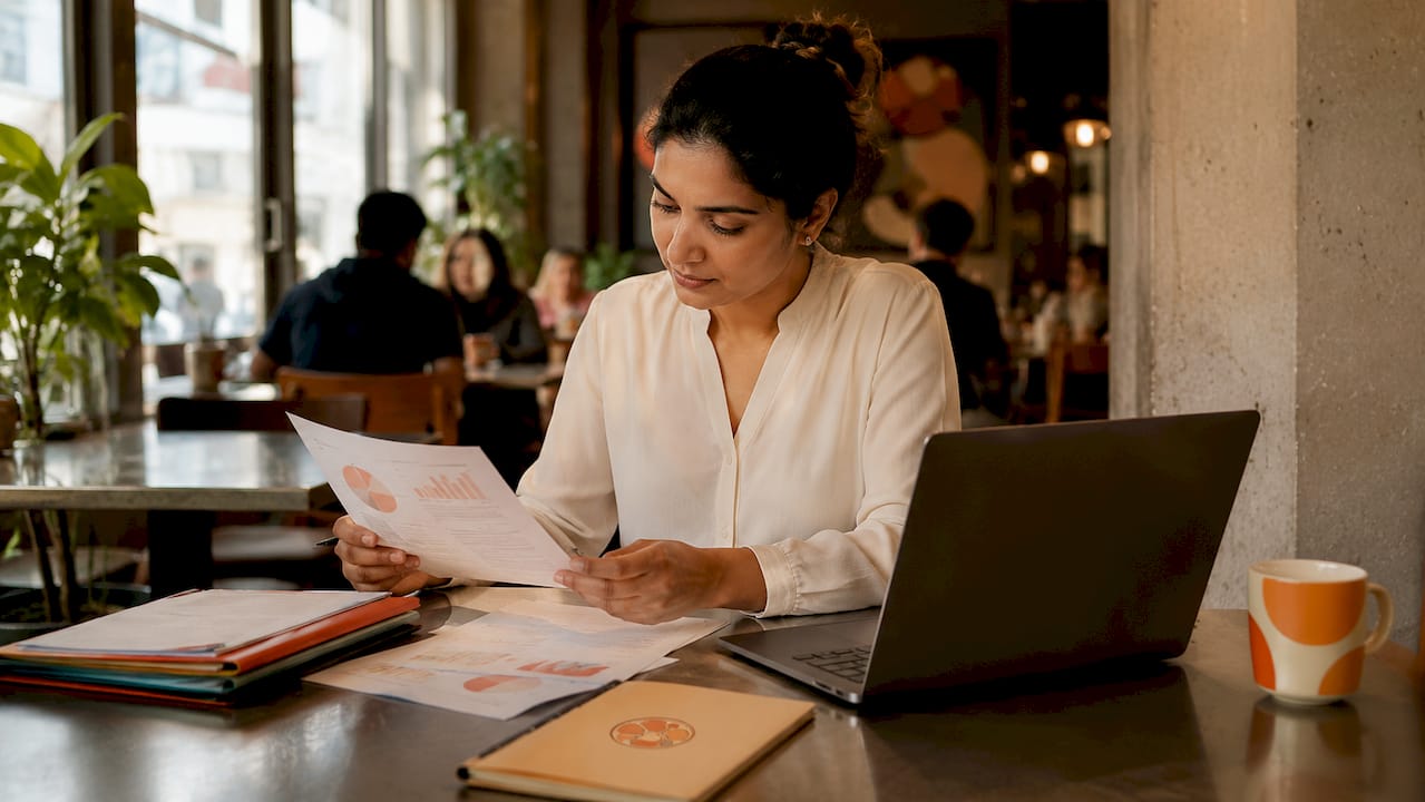 Retail manager reviewing chatbot setup data at desk