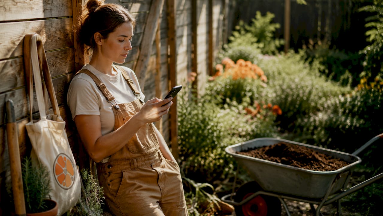 Female contractor reading text on phone