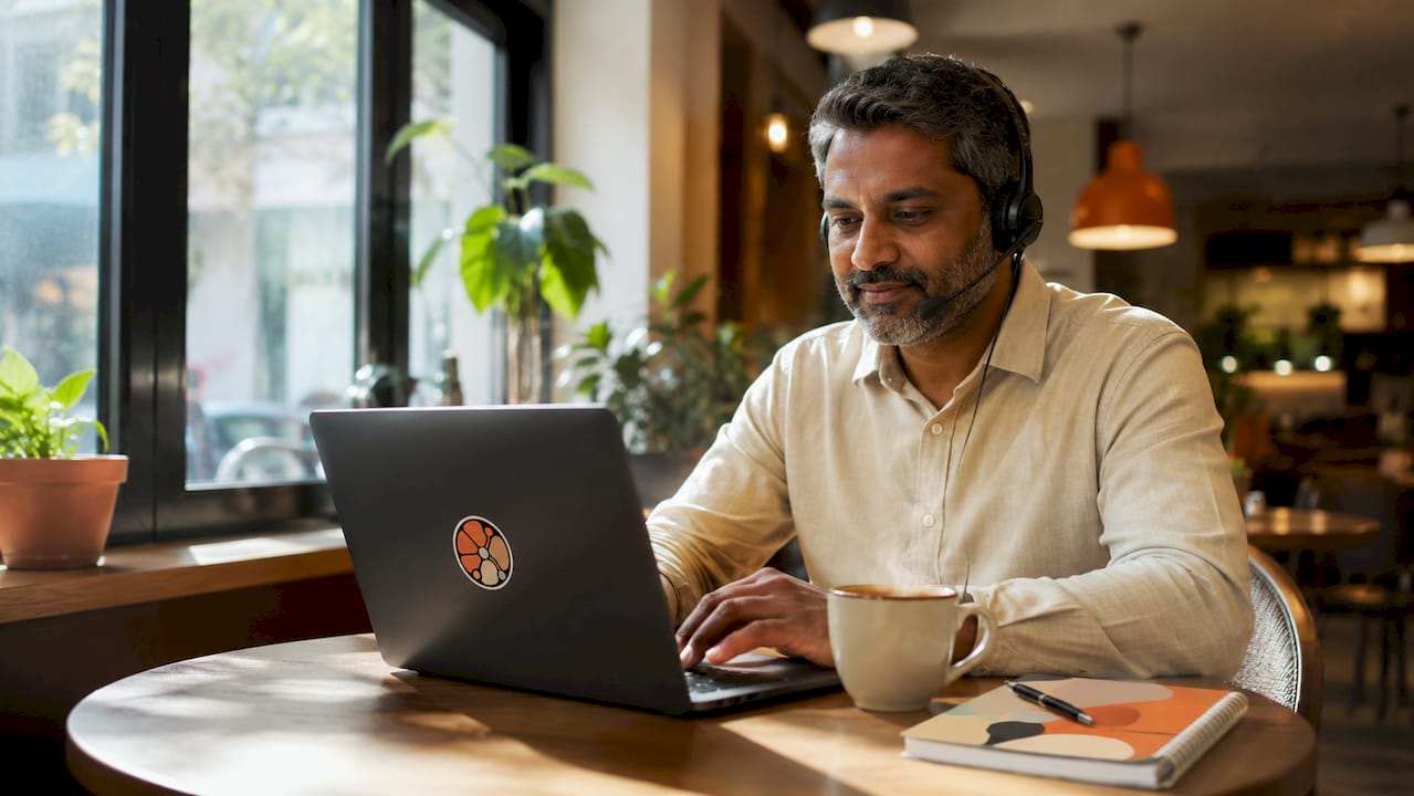 Man using AI receptionist software in office