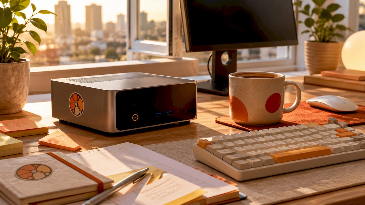 AI mini PC workstation in modern home office