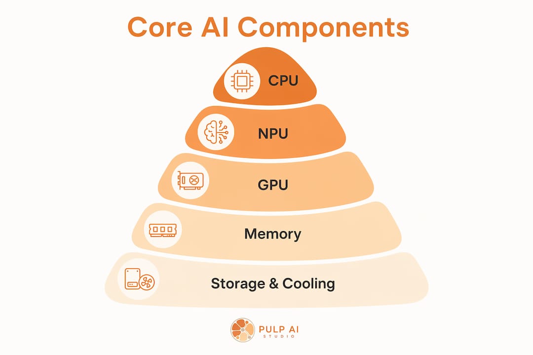 Infographic showing key hardware components in AI mini PCs