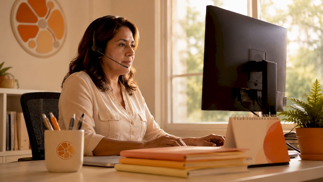 Customer service agent answering calls in office