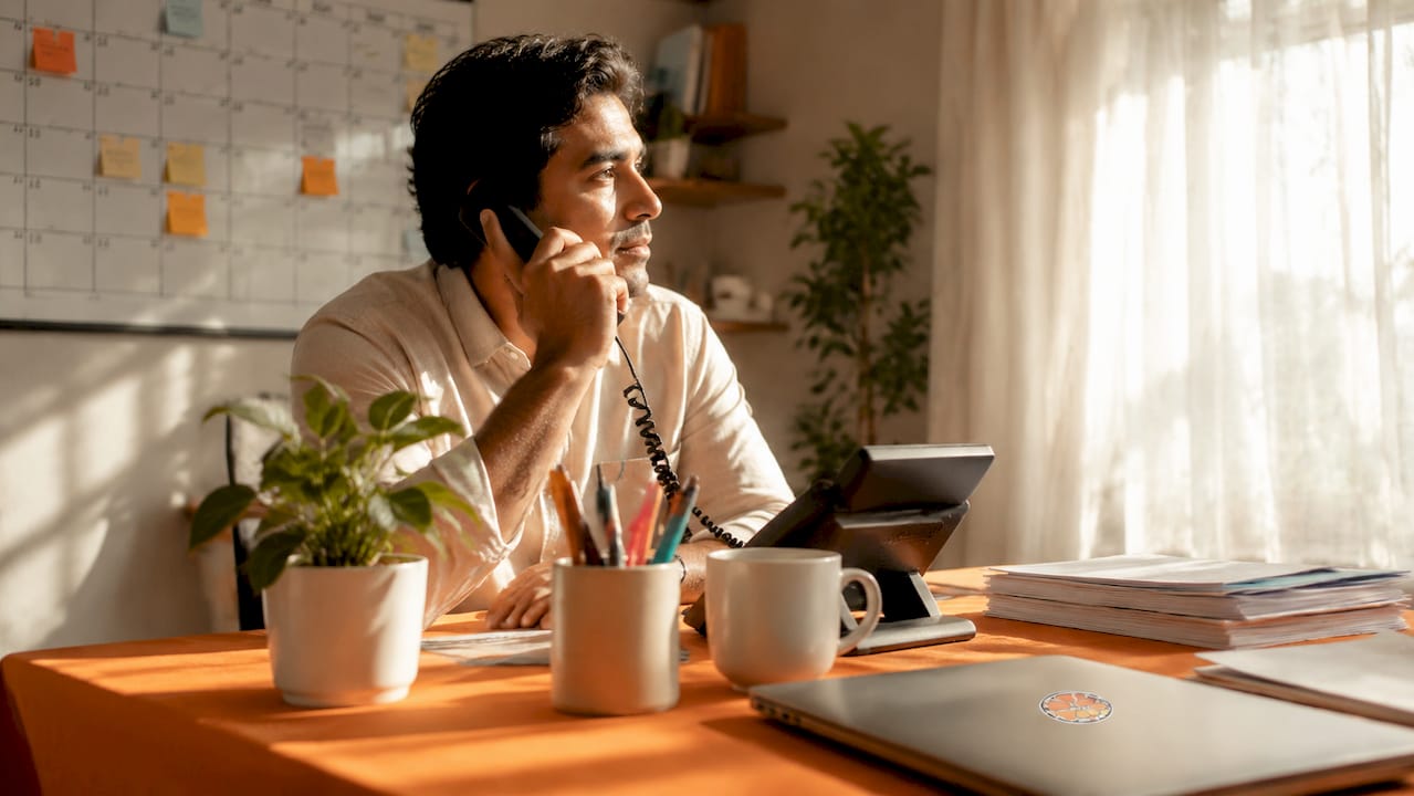 Small business owner managing calls at home desk
