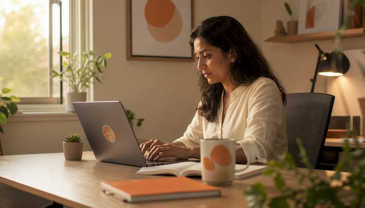 Woman working on laptop in office with documents