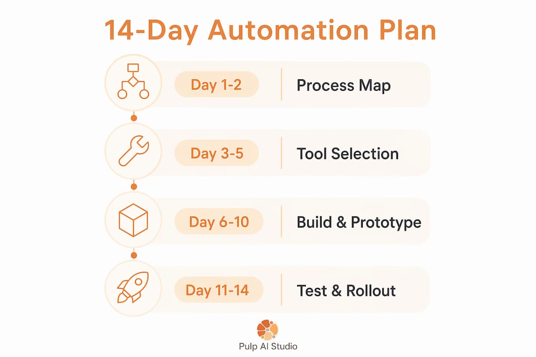 Infographic showing 14-day automation plan steps