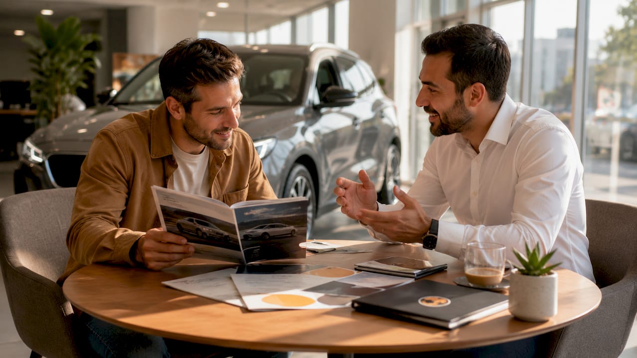 Customer browsing cars in dealership showroom