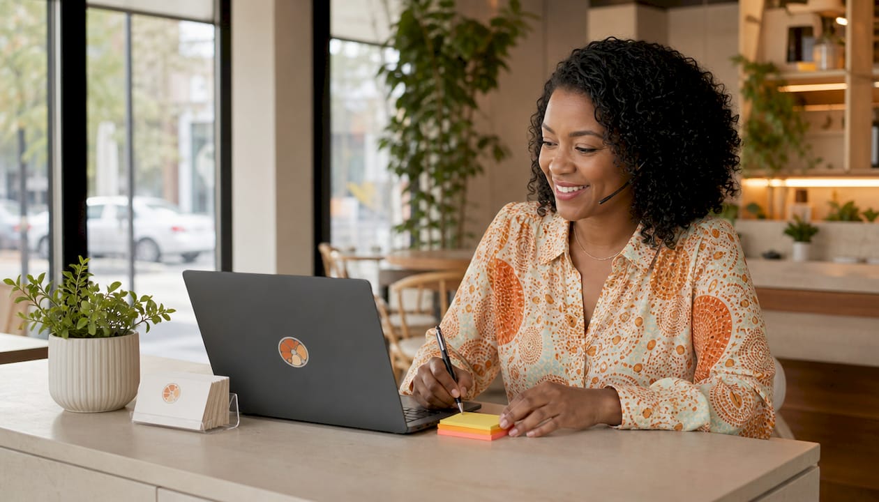 Receptionist answering calls at small business desk