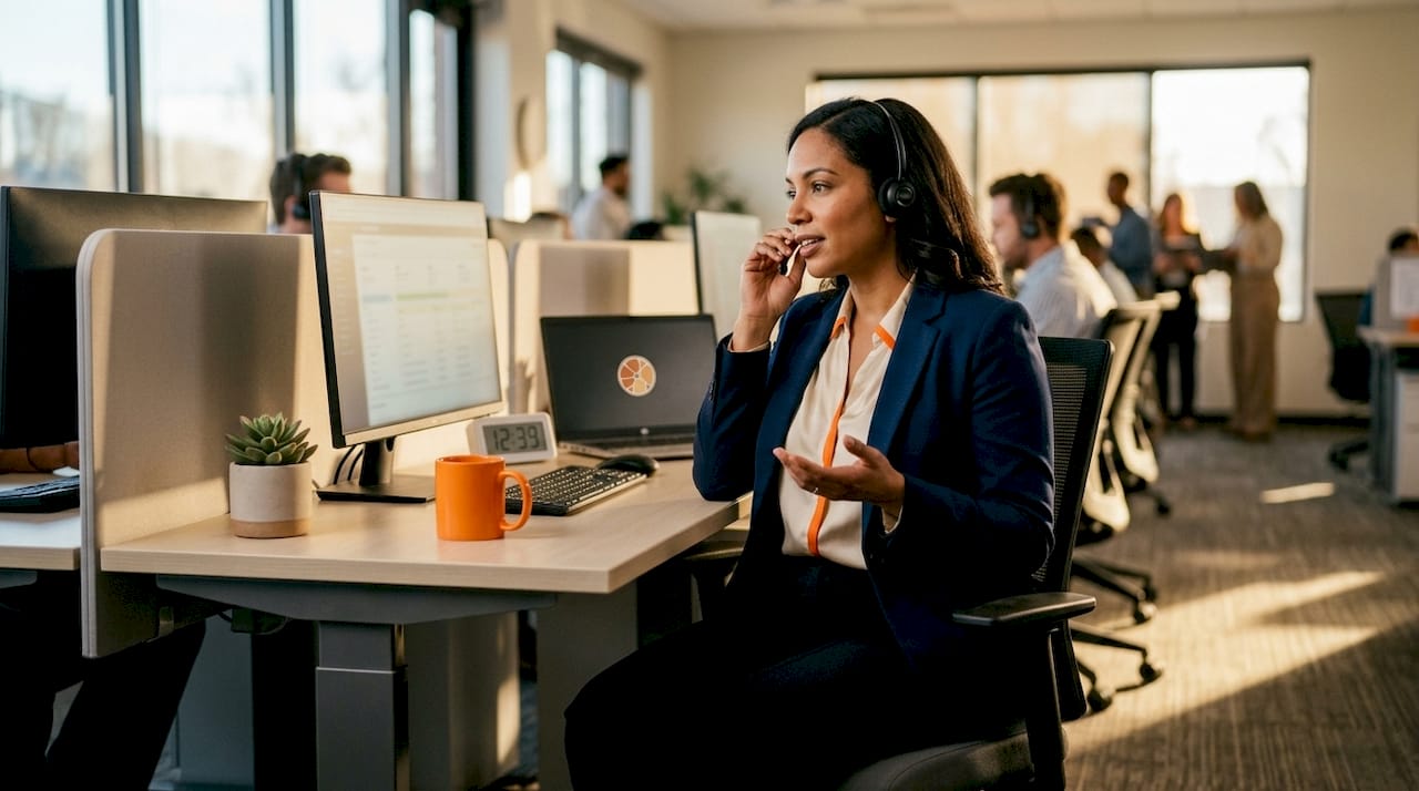 Sales rep managing dealership calls at desk