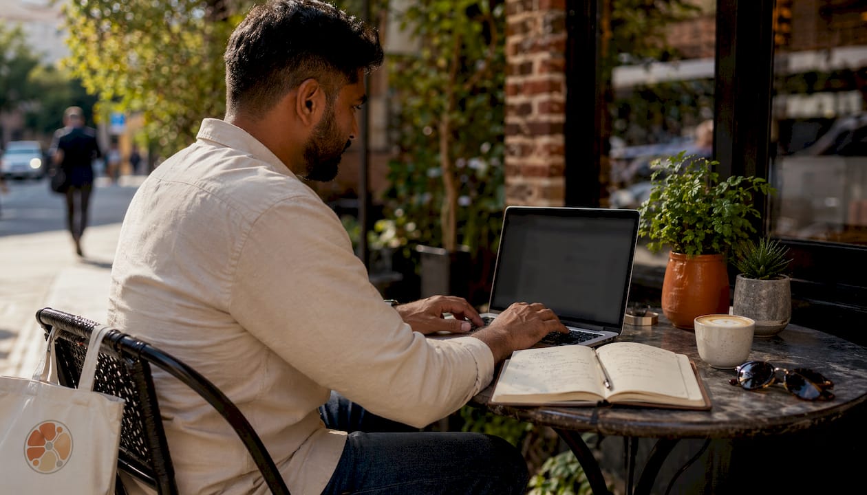Small business owner setting up text replies at café