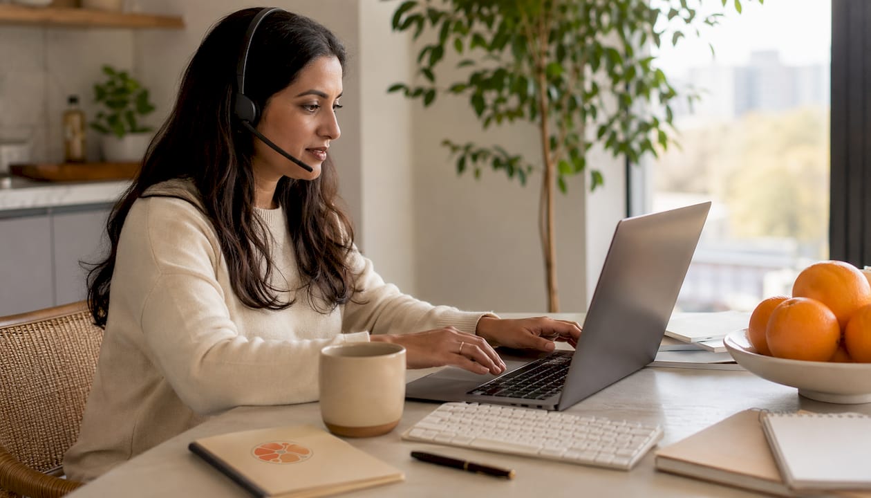 Woman at desk managing AI receptionist calls