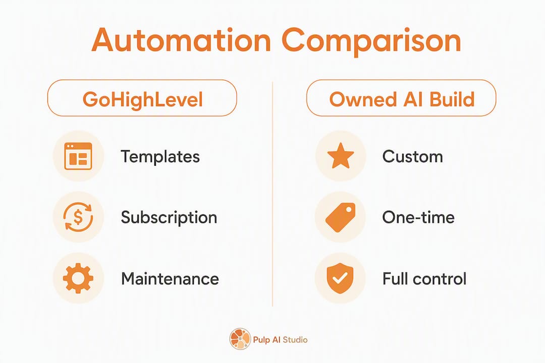 Infographic comparing GoHighLevel and owned AI automation builds