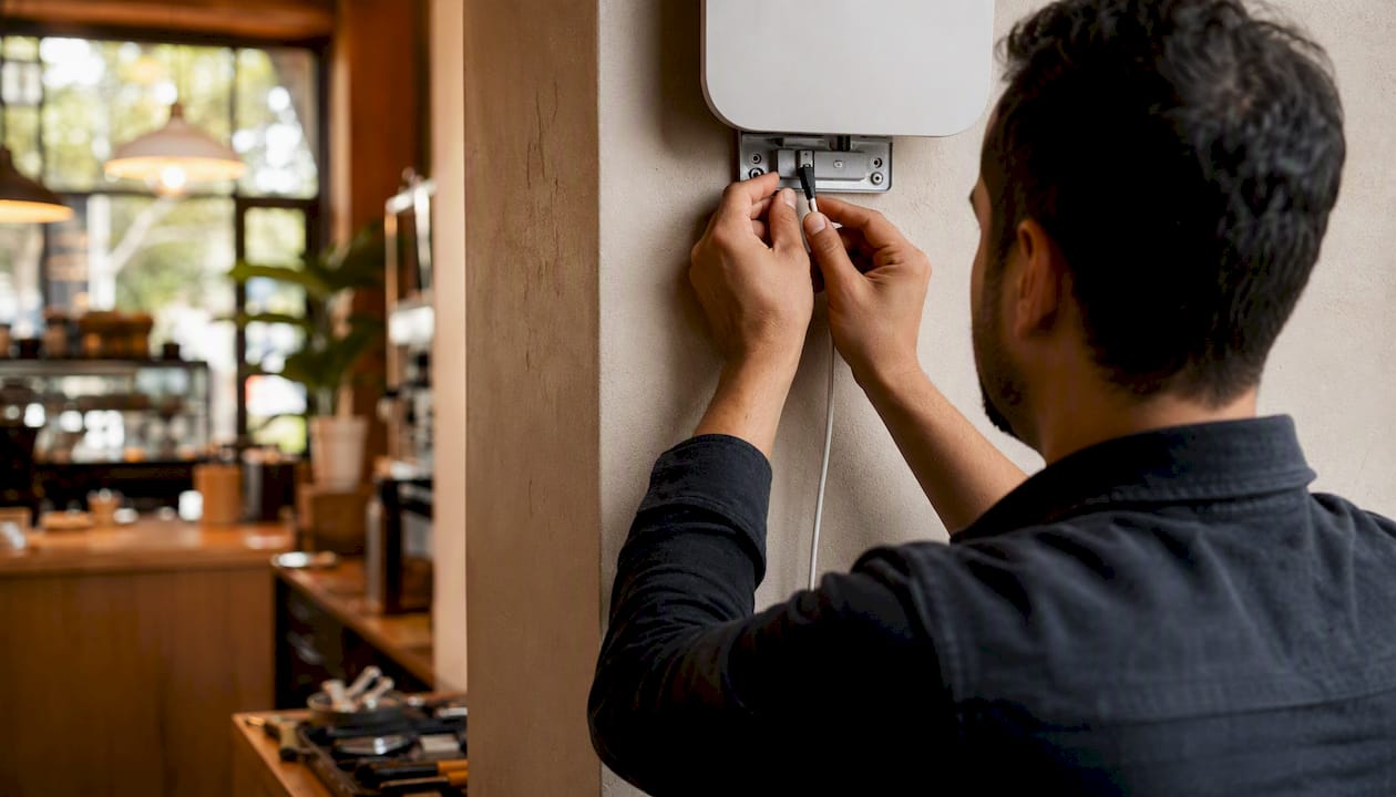 Hands installing AI device in small business