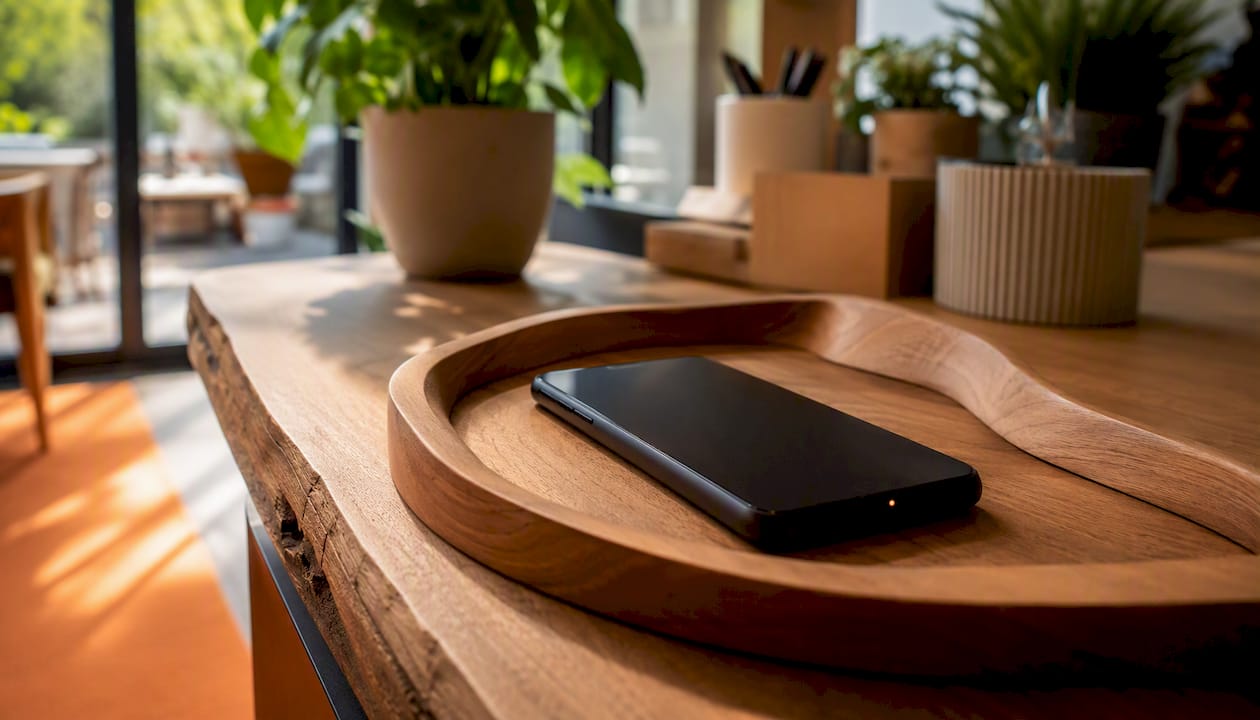 Smartphone with missed call notification on counter