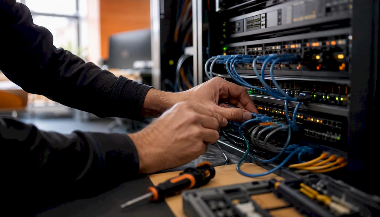 Hands connecting cables to server