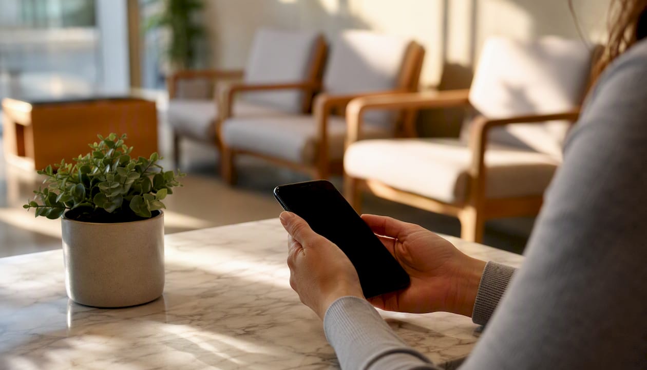 Hands holding smartphone and pen near blank clipboard