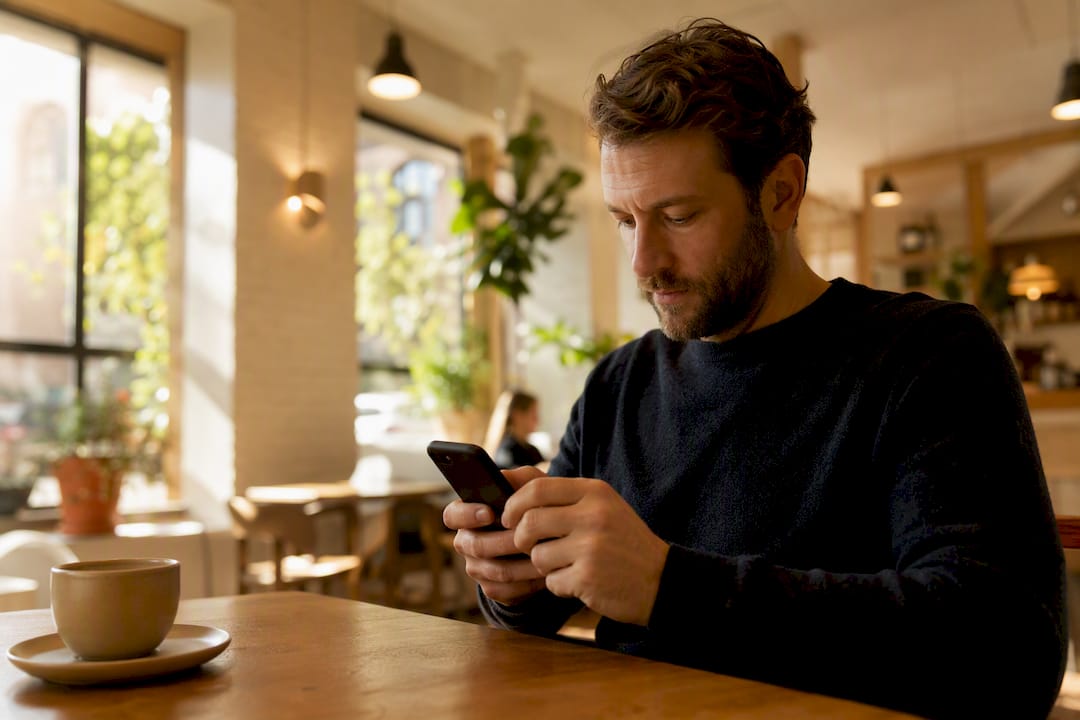 Business owner composing text message on smartphone