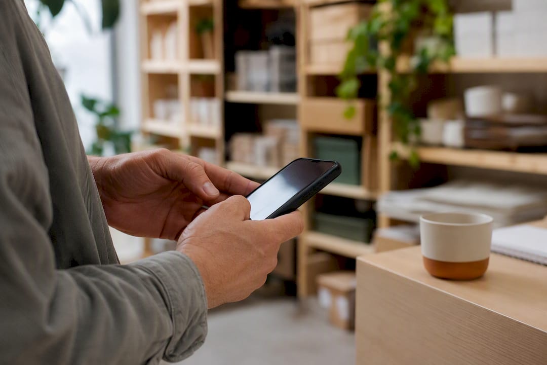 Hands holding smartphone with incoming SMS alert
