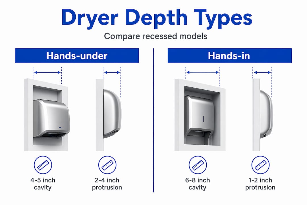 Infographic comparing recessed hand dryer cavity depth