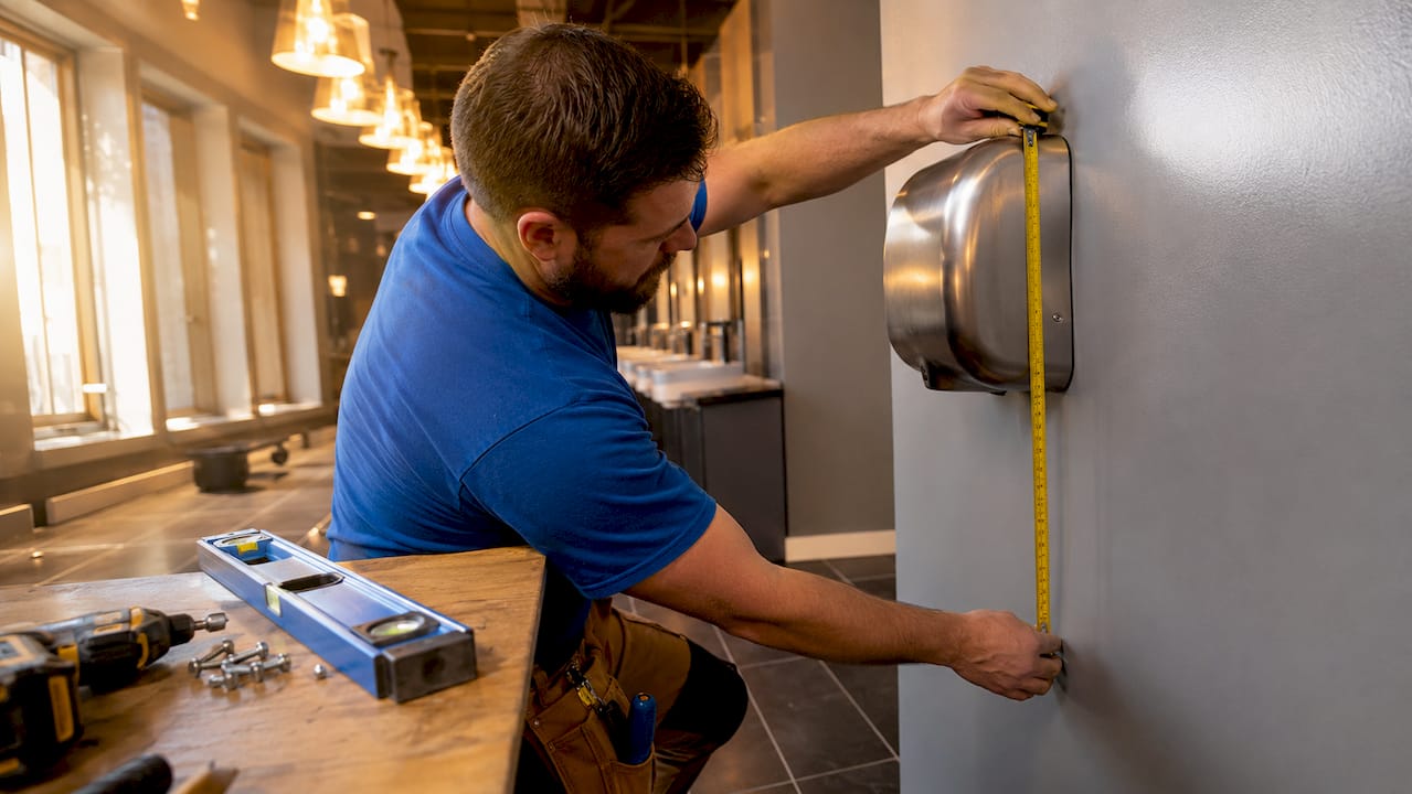 Hands measuring commercial hand dryer dimensions on wall