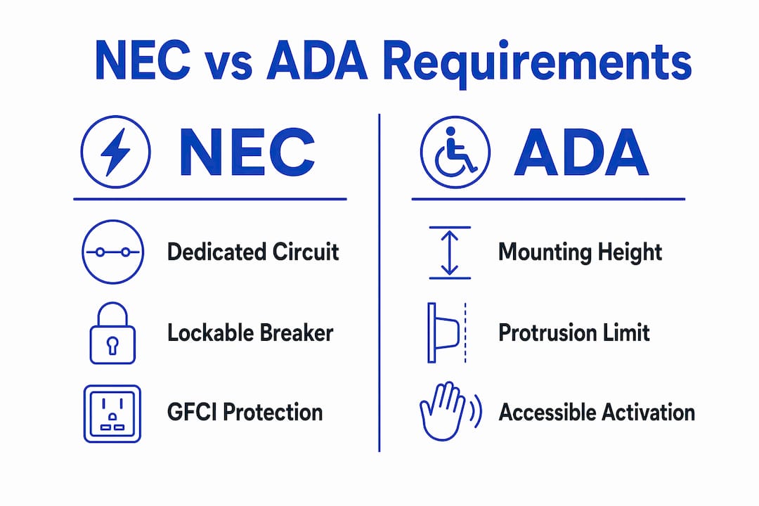 NEC Code Commercial Hand Dryer Compliance Guide 3 Infographic comparing NEC and ADA hand dryer requirements