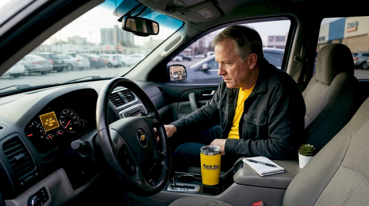 Driver reading oil monitor on dashboard