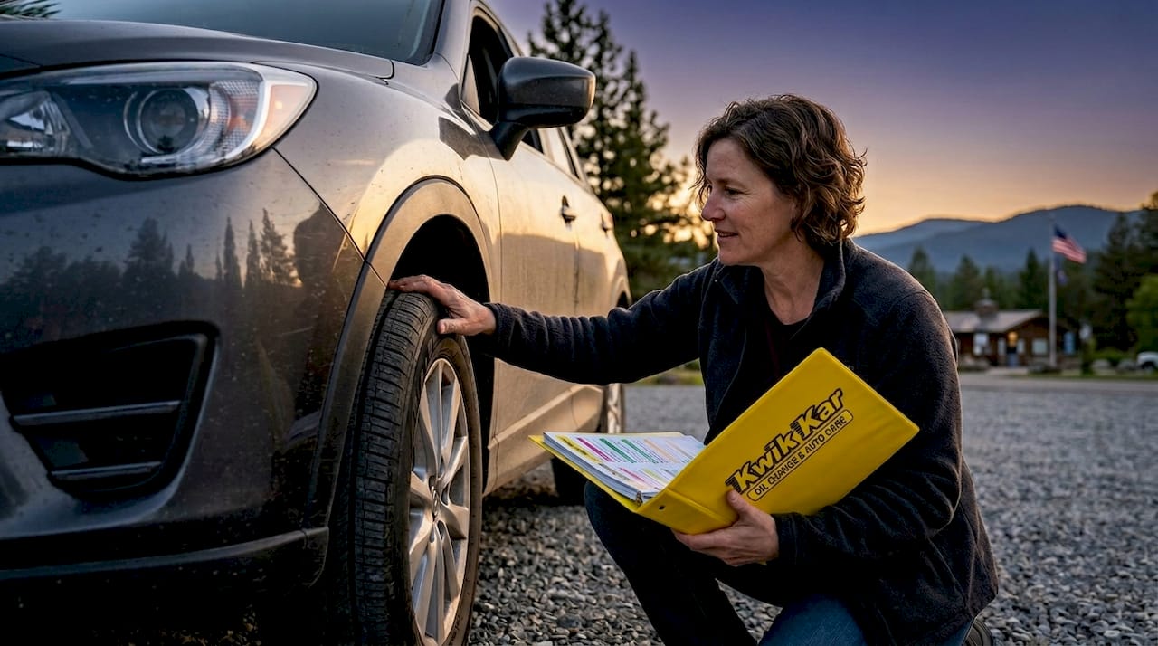 Driver checking tire after highway trip at home