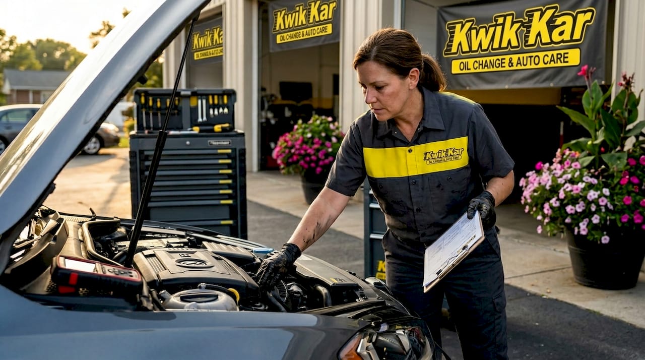 Auto technician inspects engine during maintenance