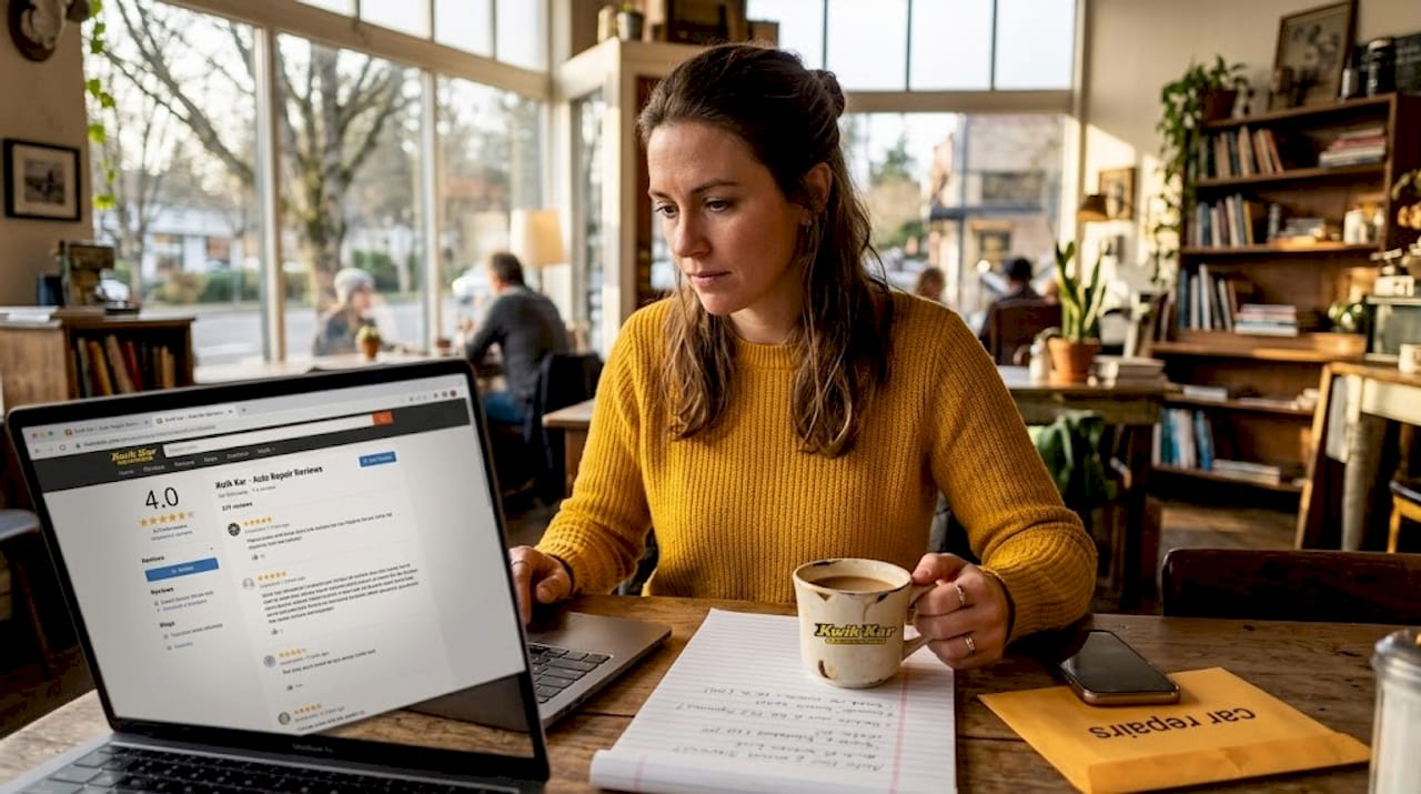 Woman researching auto shop reviews at kitchen table