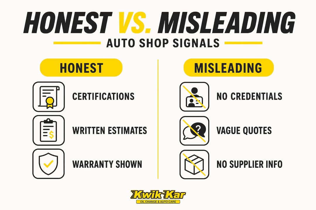 Infographic comparing honest and misleading auto shop signals