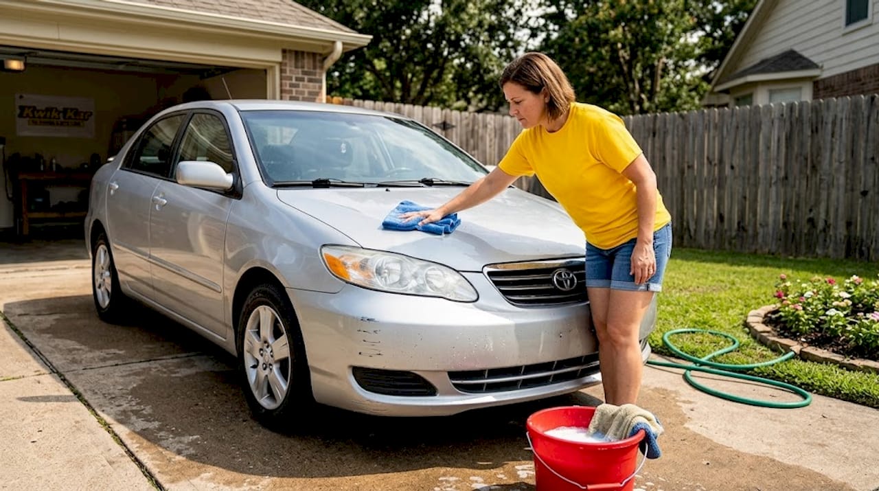 Woman washing car in sunlit yard