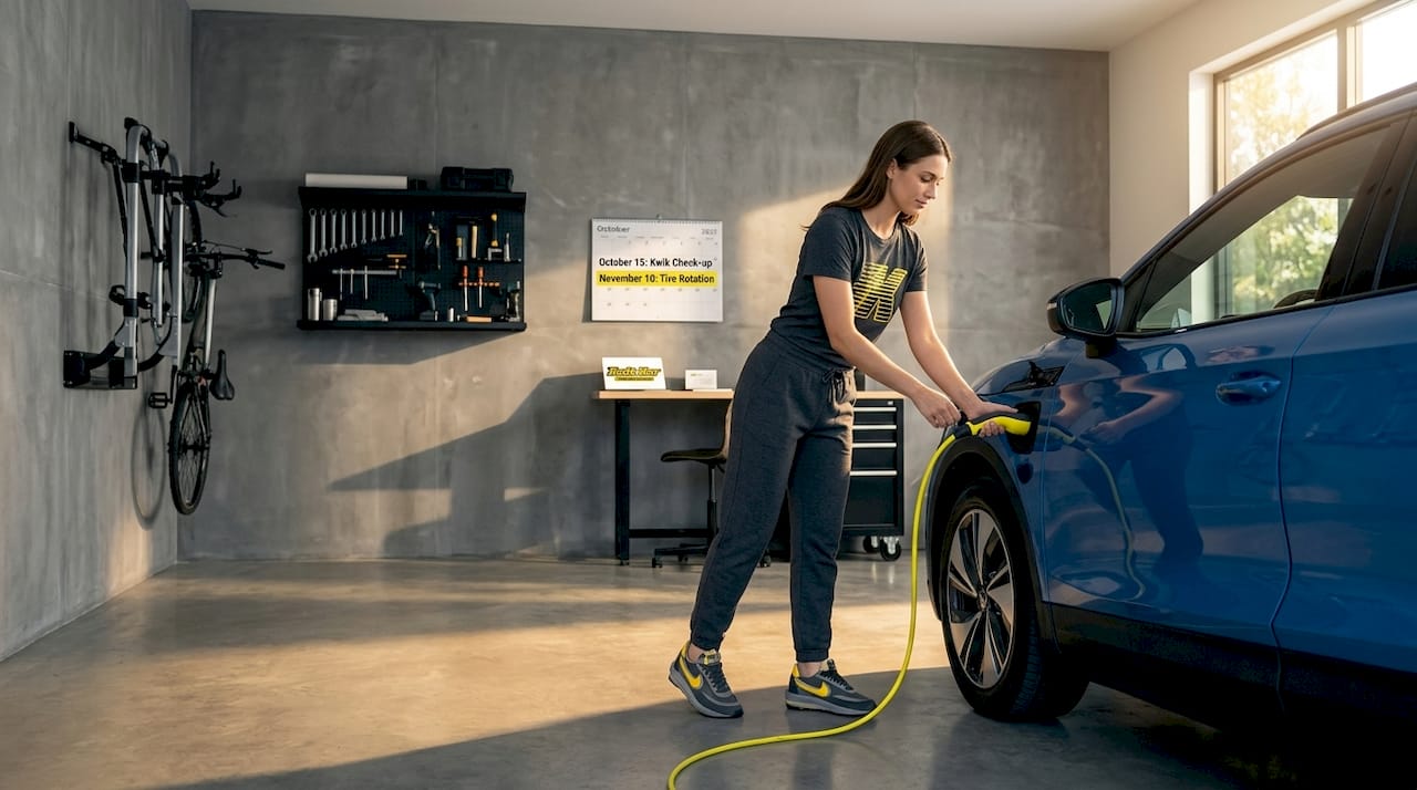 Woman charging electric car in home garage