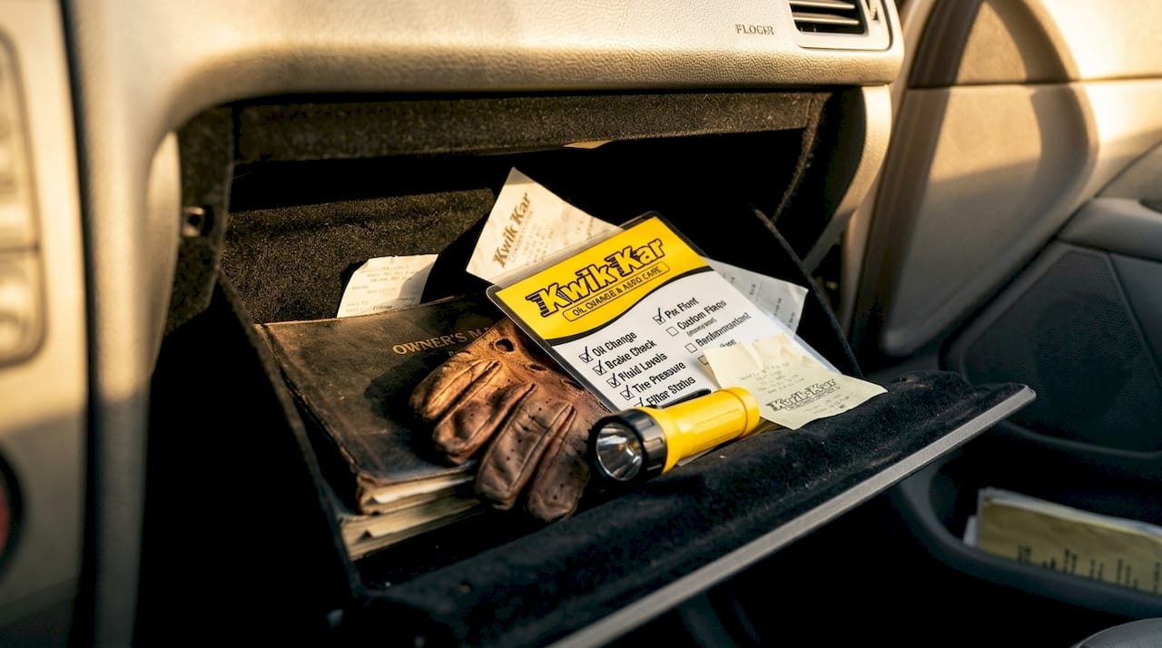 Car glove box with maintenance checklist inside