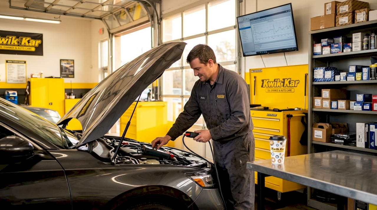 Mechanic conducting routine vehicle maintenance