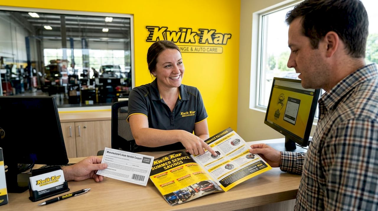 Advisor explaining auto service coupon to customer