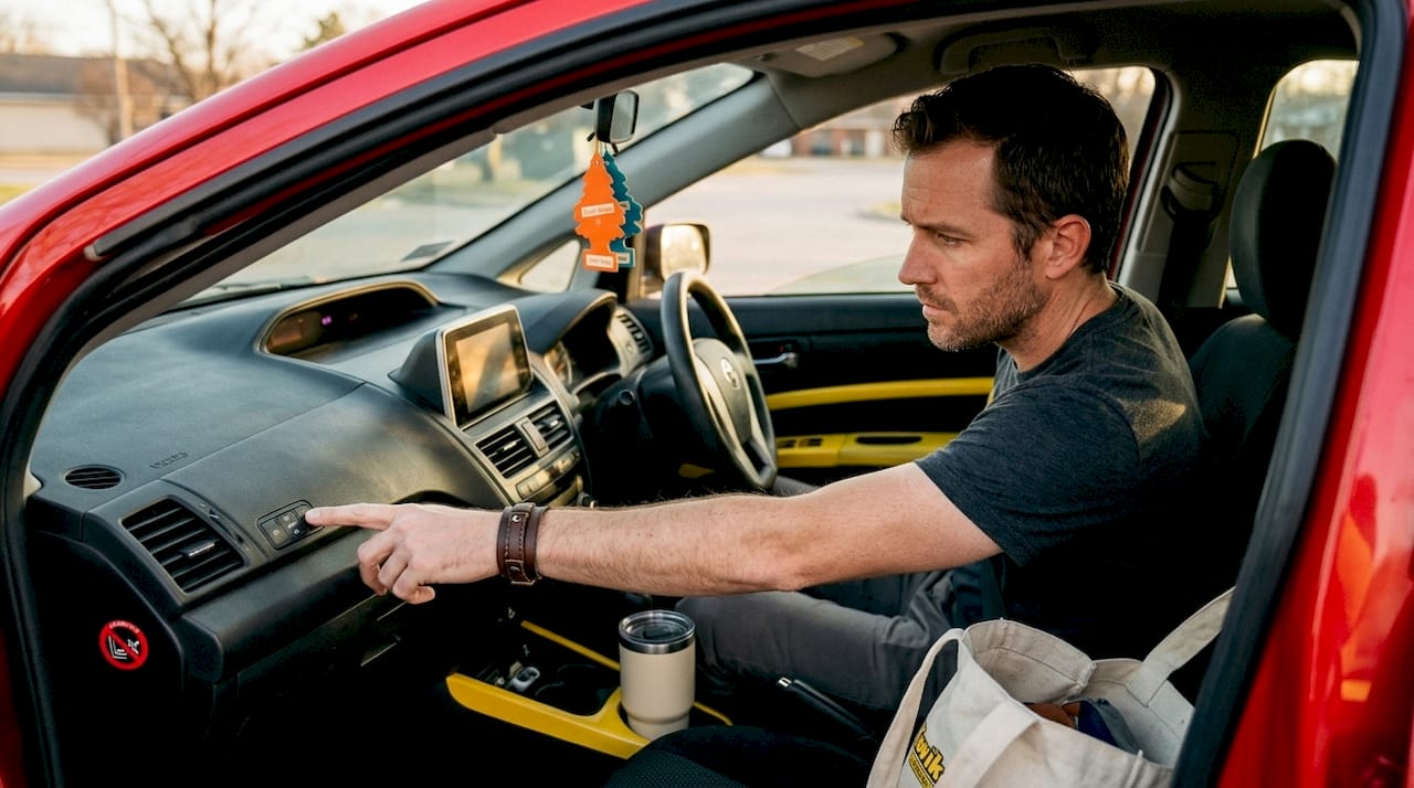 Hands adjusting car odometer and service display