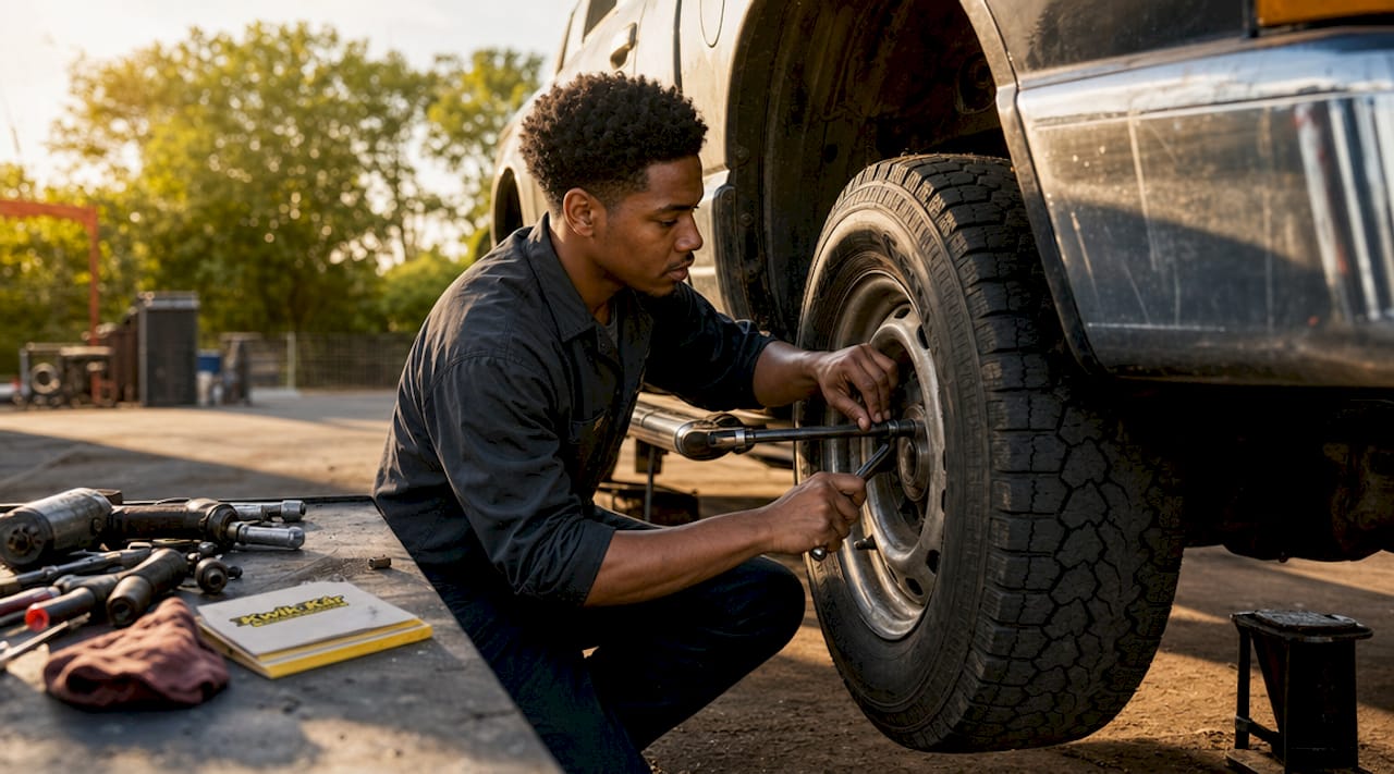 Technician inspecting car tire in local garage