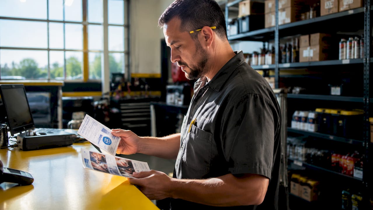 Technician holding certification cards close-up