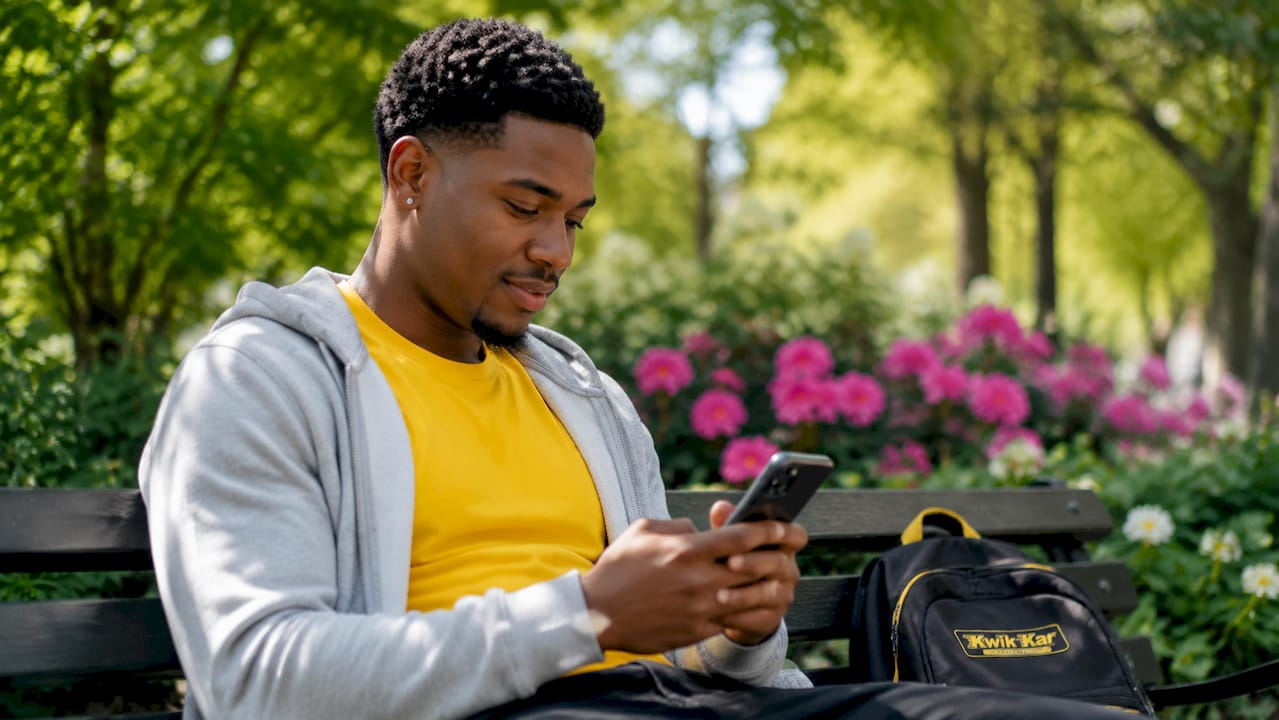Man booking car repair on smartphone outdoors