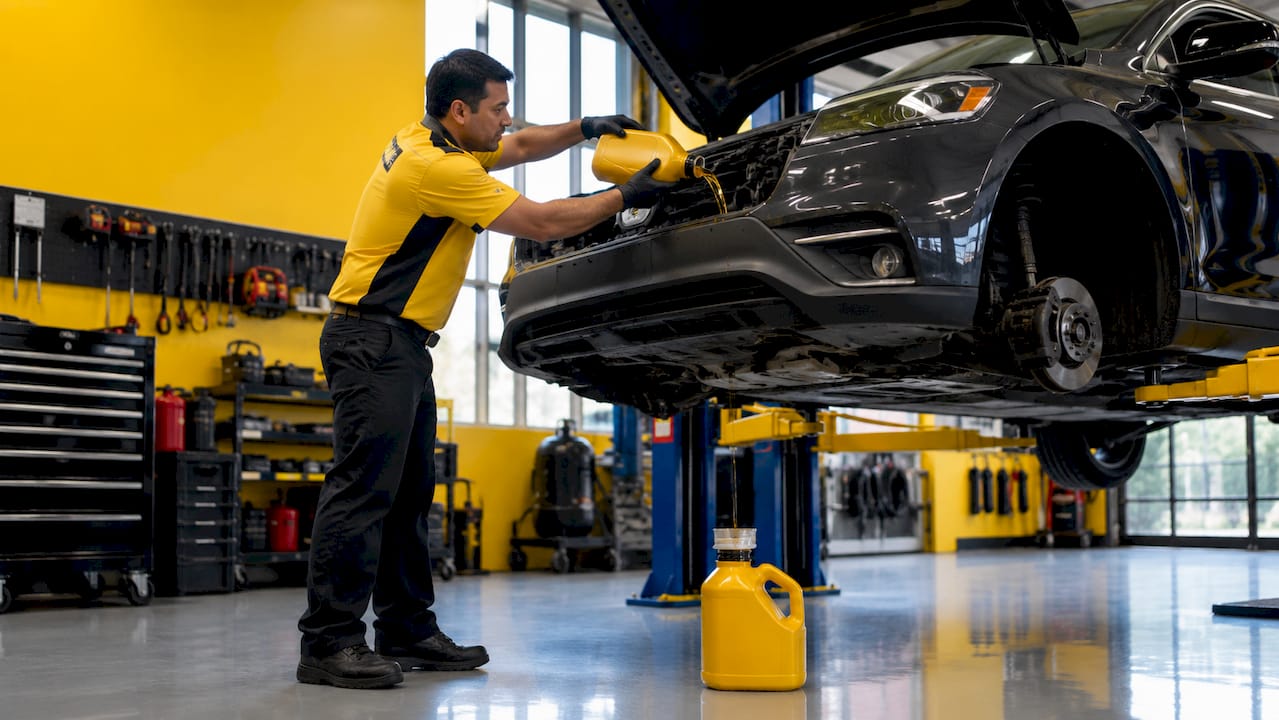 Technician draining engine oil during oil change