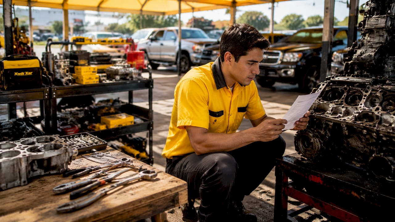 Mechanic inspecting parts and invoice in workshop