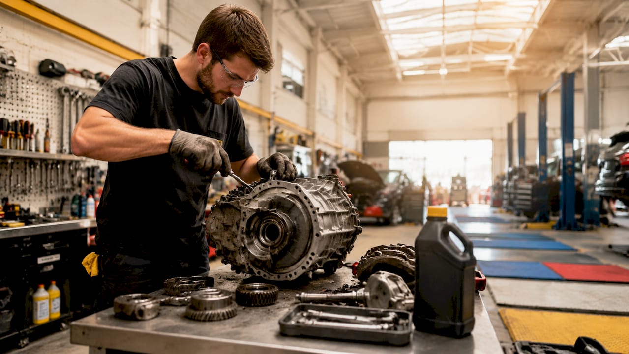 Gloved hands holding transfer case gear oil