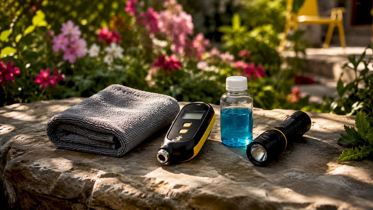 Organized car maintenance tools on picnic table